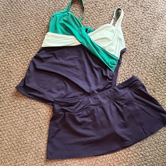 Lands End Tankini Set Ladies Size 10 Navy Blue Green EUC Summer Beach Vacay Pool - Picture 3 of 16